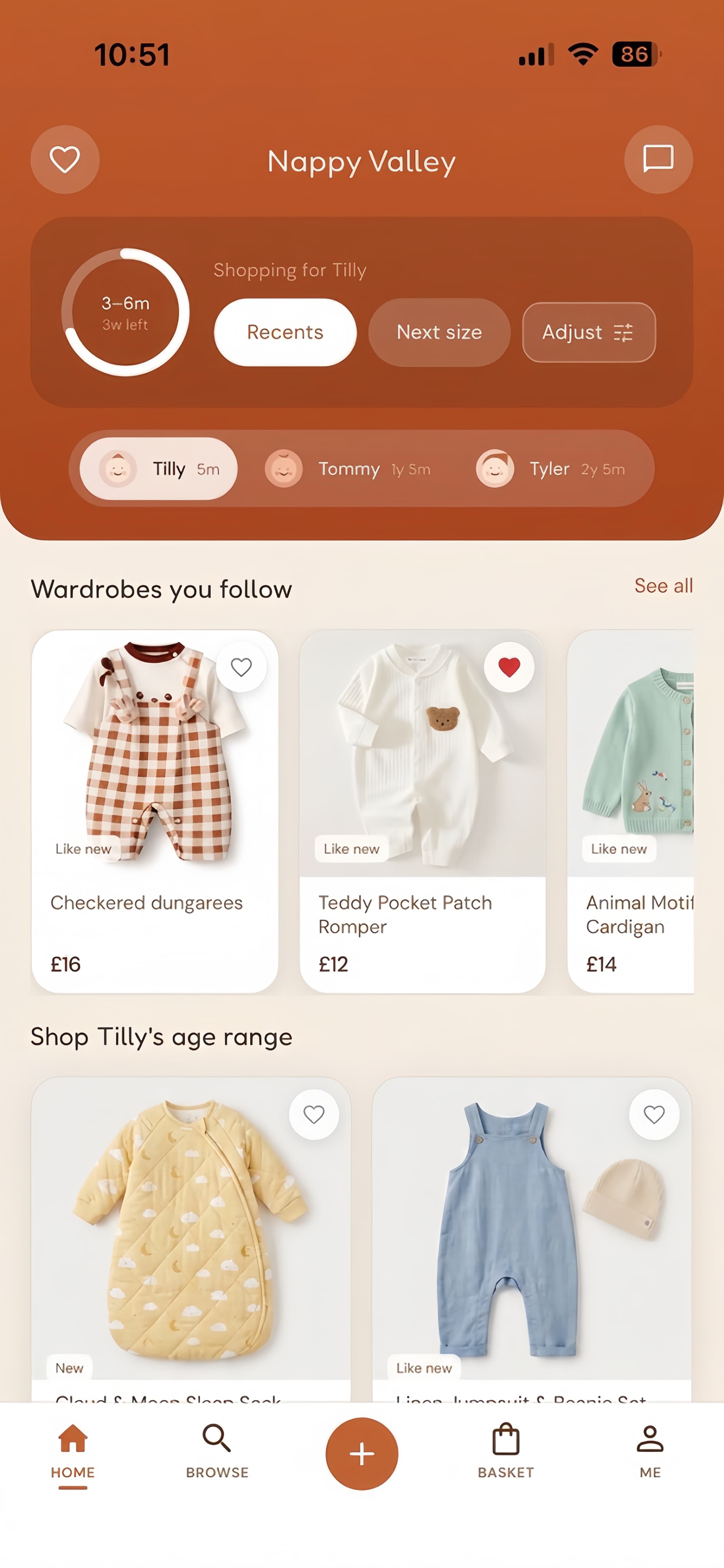 Nappy Valley app home screen showing Tilly's age-smart shopping feed and children's clothing listings